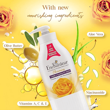 Enchanteur Charming Satin Smooth Perfumed Body Lotion – With Vitamins A, C & E + Niacinamide (600ml)